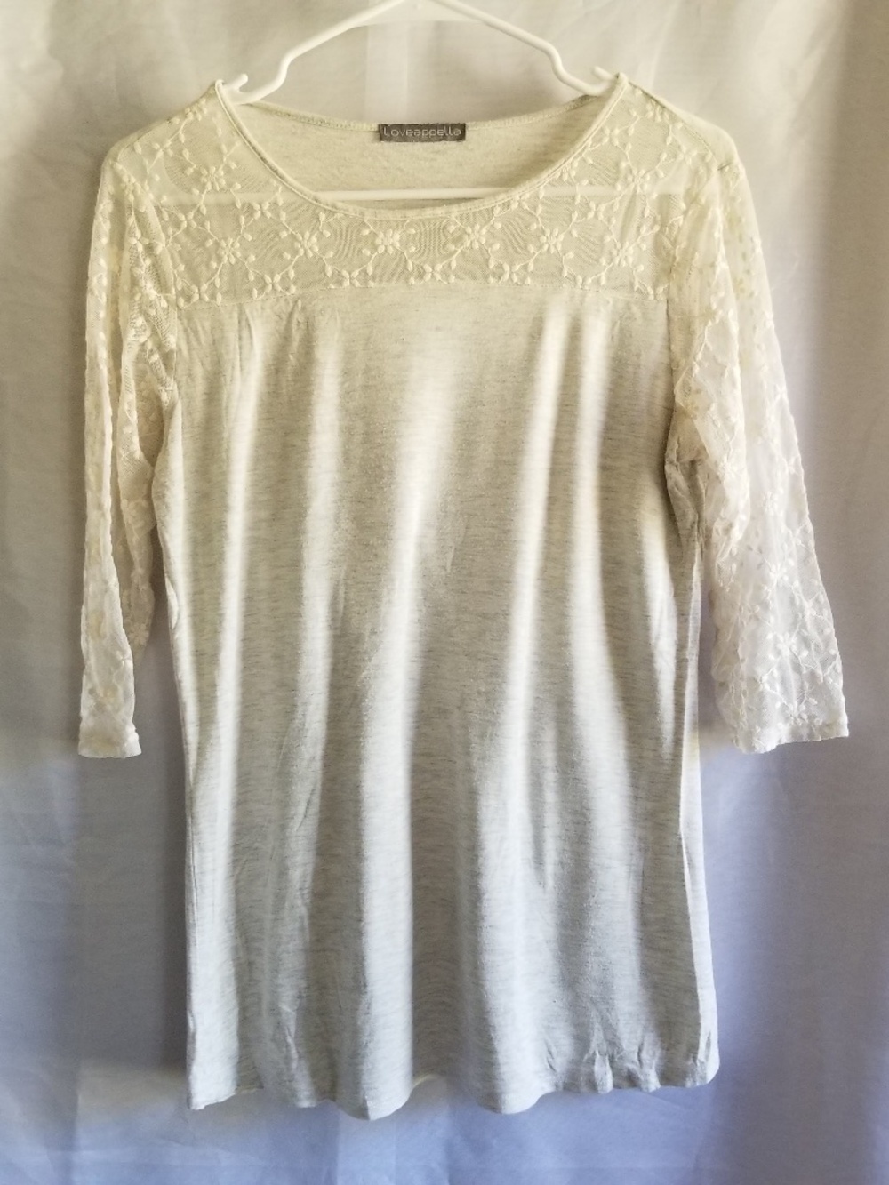 Loveappella Oatmeal Heather Lace Yoke & Sleeve Top